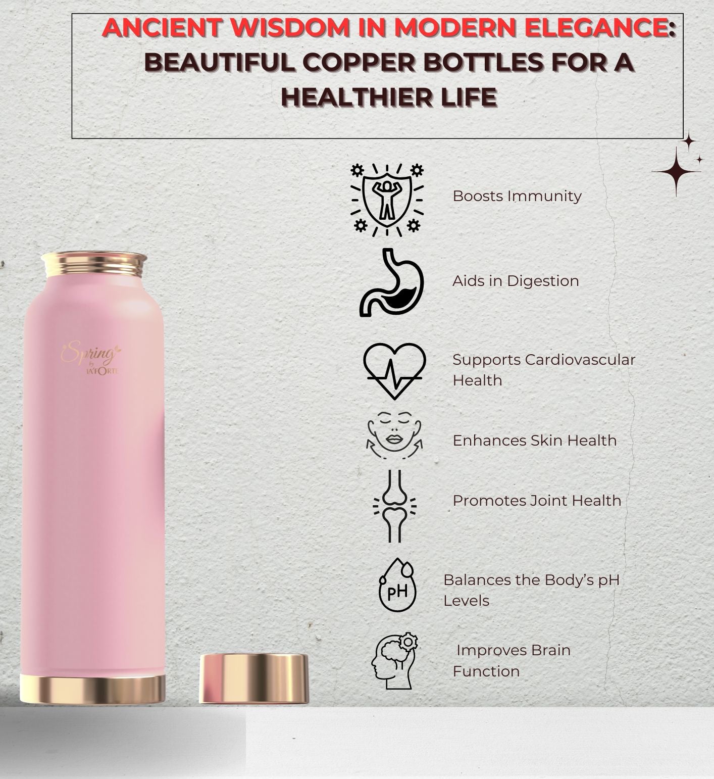 LA'FORTE Copper Water Bottle, Pure, 1000 ml  (Apricot)