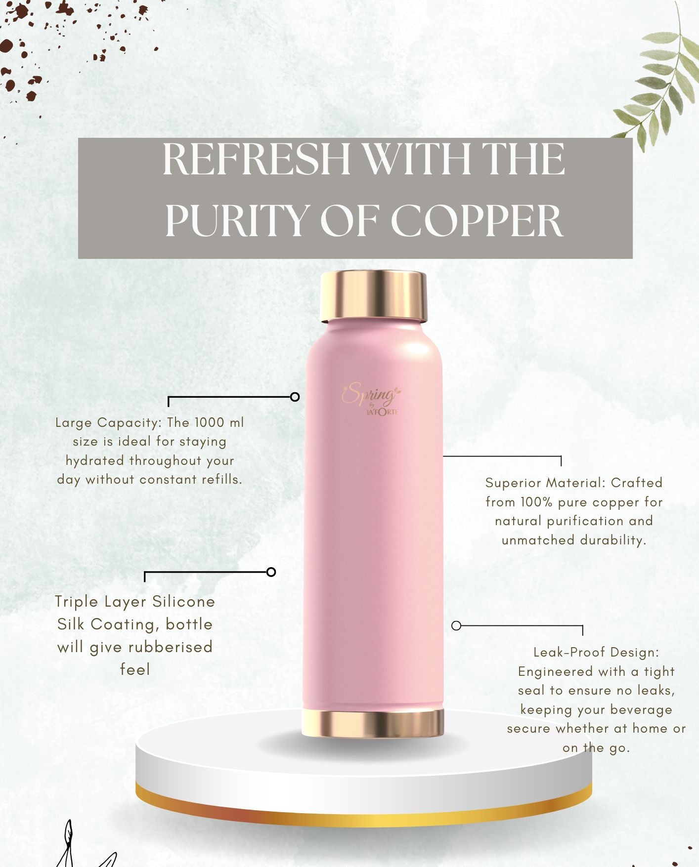 LA'FORTE Copper Water Bottle, Pure, 1000 ml  (Apricot)