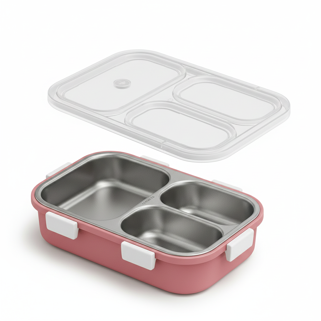 LA’ FORTE 304 Steel Bento Box (900 ml) | 3 Sections | Leak-Proof | Hygienic, Rust-Free | Microwave-Friendly Tiffin for Kids & Adults