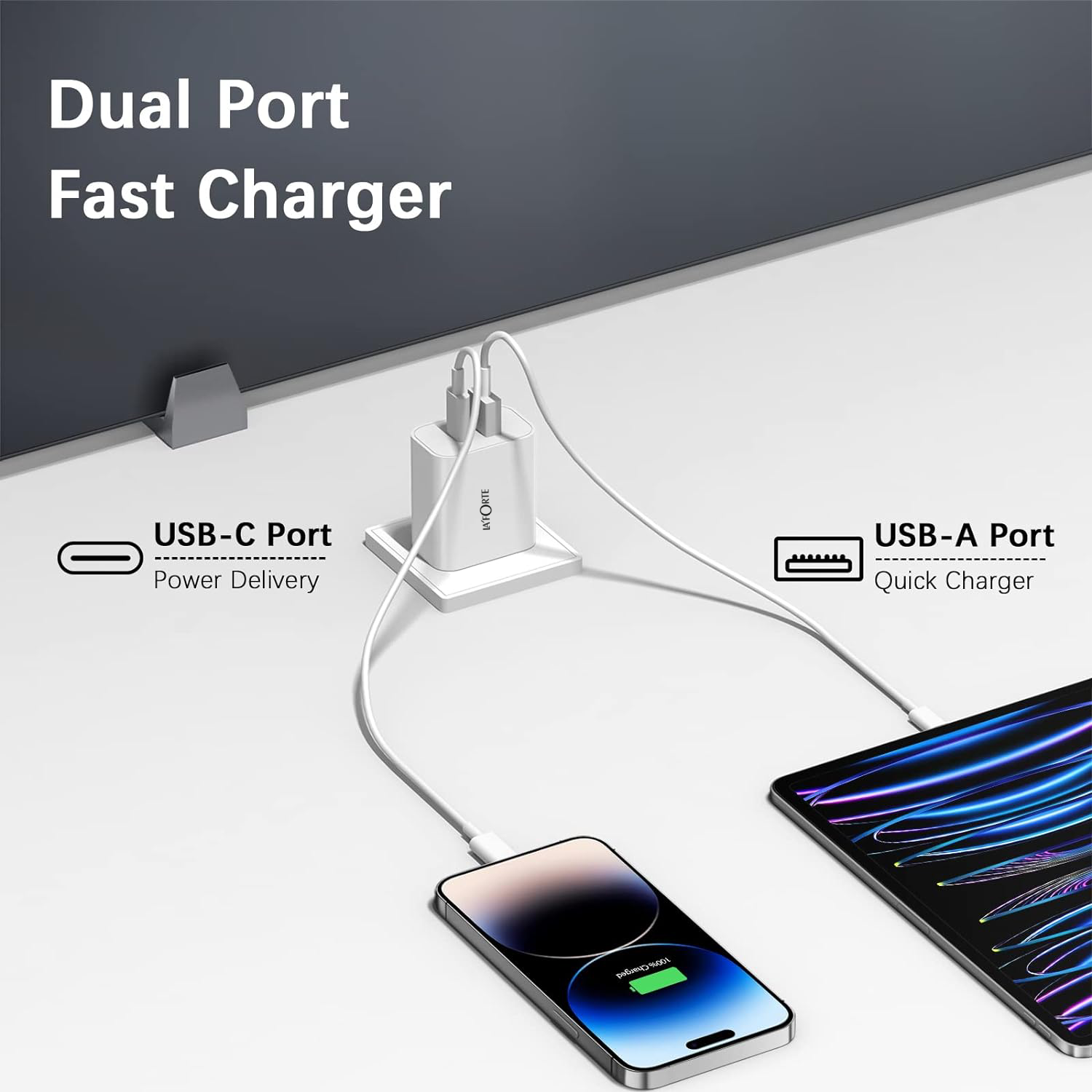 LA'FORTE 30W QCPD 3.0 Dual Port Wall Charger for Ultra Fast Charging