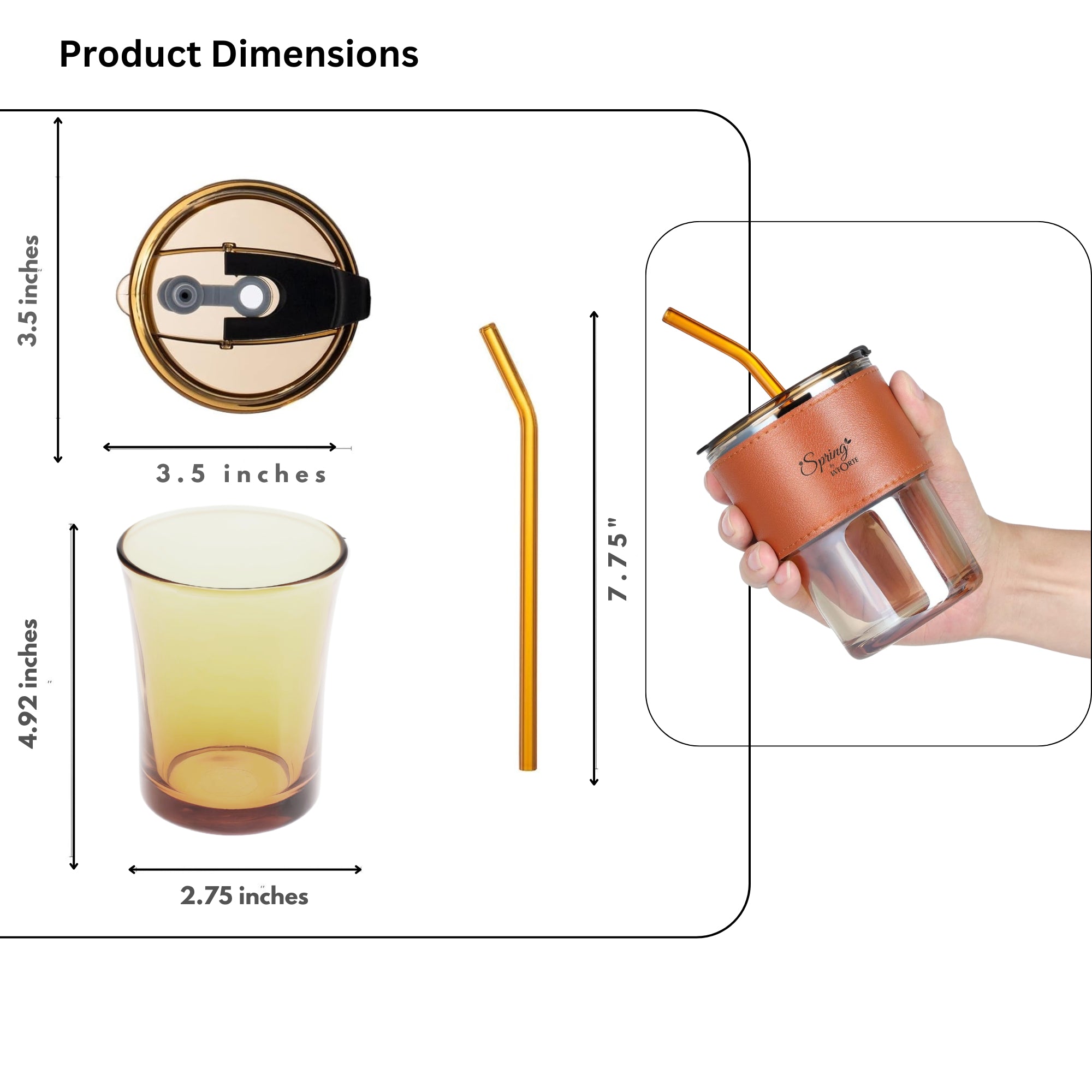 LA' FORTE 450ml Borosilicate Glass Tumbler | Leak-Proof Travel Cup | Glass Straw & Leather Jacket | Hot & Cold Beverages | Dual Drinking Mode - Sip & Straw