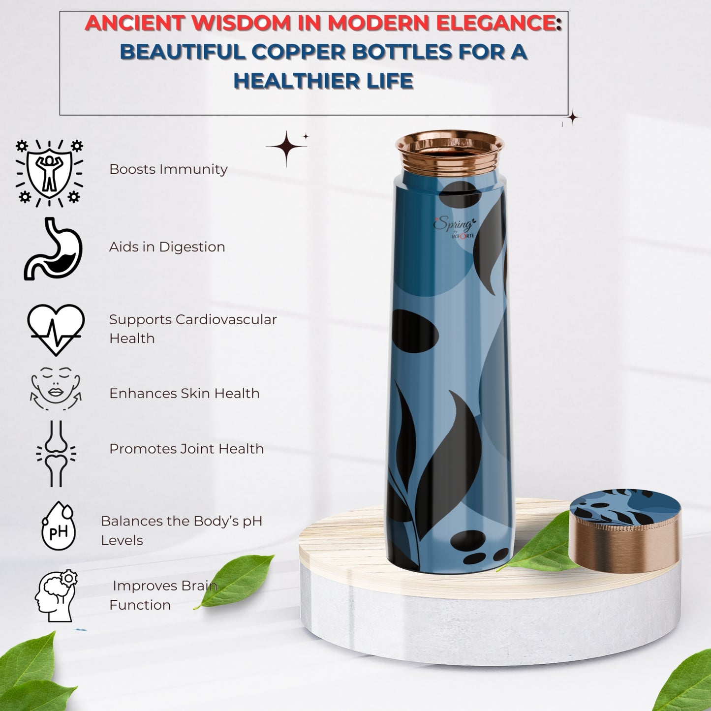 Pure Copper Elegant 1000 ml Premium Coated Water Bottles (Blue Black, 1000 Ml)