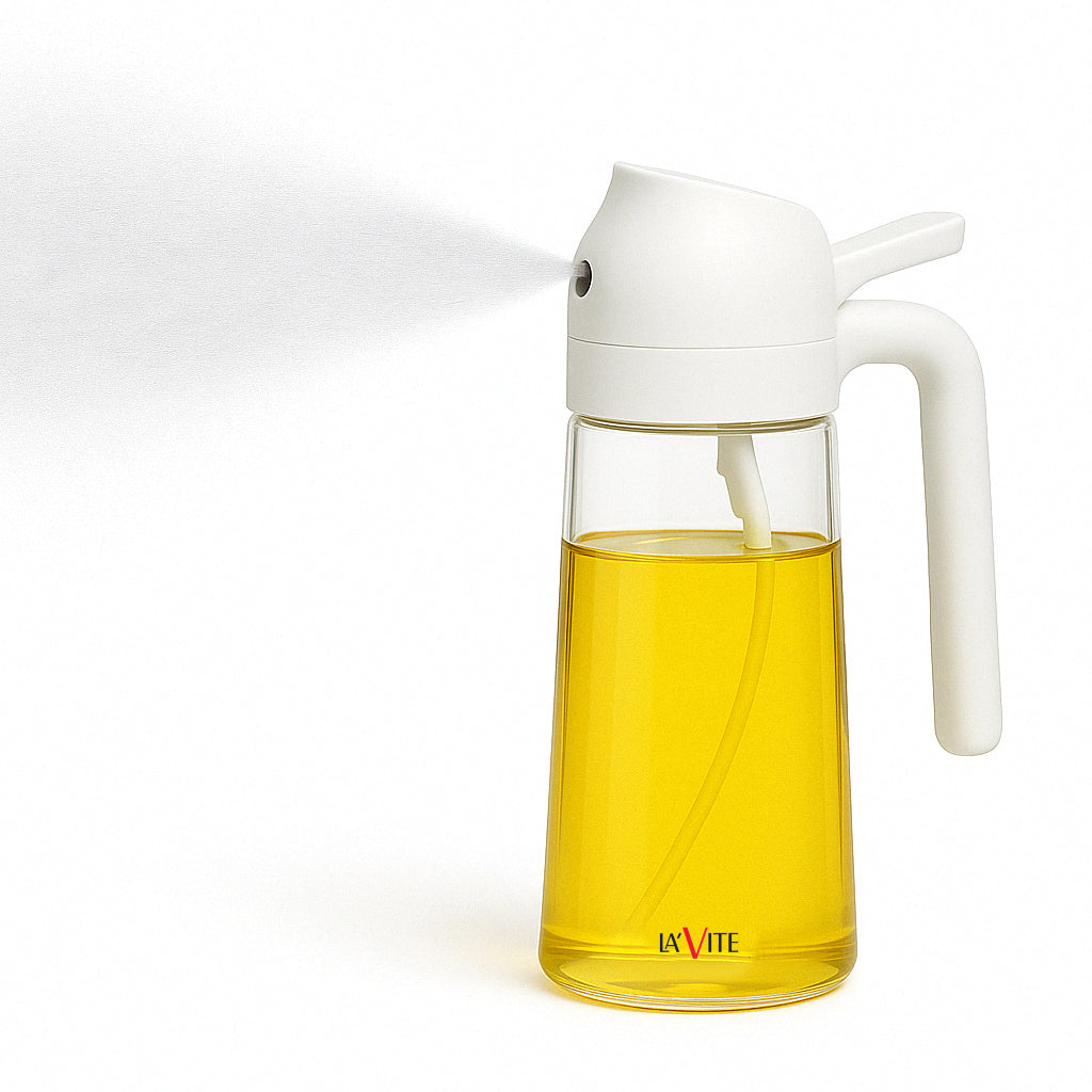 LA' VITE 2-in-1 Oil Dispenser Bottle – Glass Olive Oil Sprayer & Pourer with Flip-Top Lid