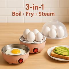 LA' FORTE 3-in-1 Electric Egg Boiler | Boil, Fry & Steam | 7 Egg Capacity | Peach Color | 350W | Auto Cut-Off | Compact Cooker for Kitchen, Travel & Hostel Use
