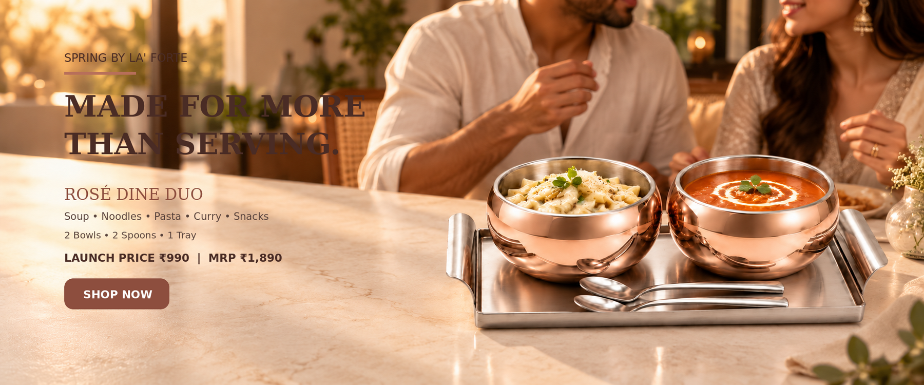 Spring by LA’ FORTE Rosé Dine Duo with two double-wall bowls, two spoons and one tray