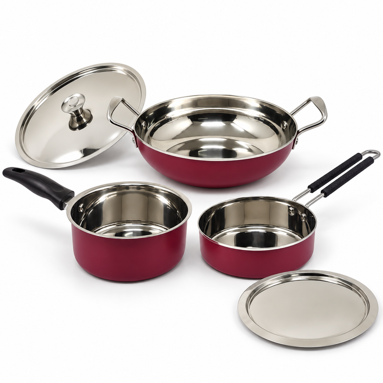 Maroon cookware trio with two steel lids – Spring by LA’ FORTE