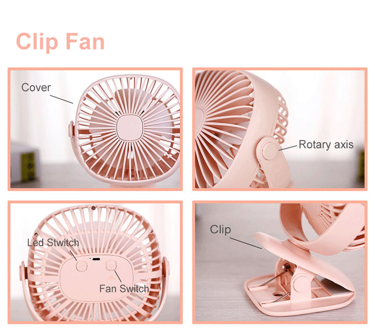 LA' FORTE Rechargeable mini Clip desk Fan with LED Lights (Pink)