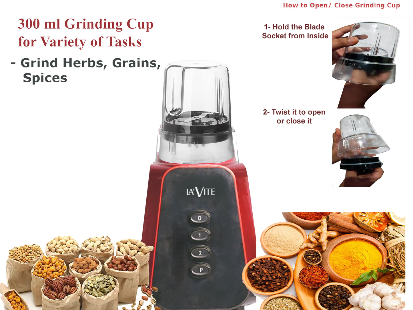 LA'Vite Rubis Mixer Grinder Blender 3 Jars with Fruit Filter (500 W)